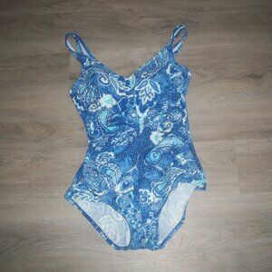 womens one piece bathing suit. shirred sides. MAXINE. blue.size medium. large